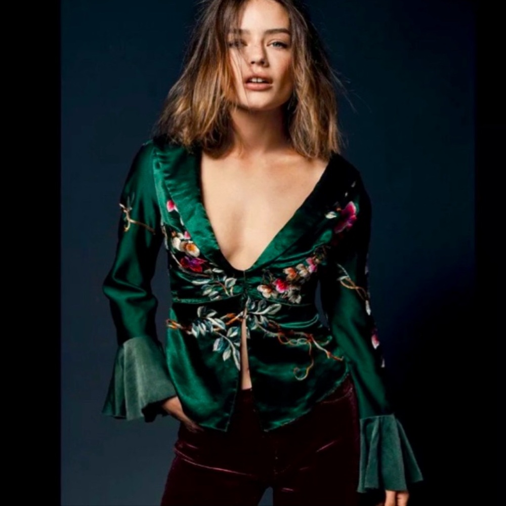 Free People Beautiful Dreams Ruffle Floral Embroidery Satin Green Kimono Top XS